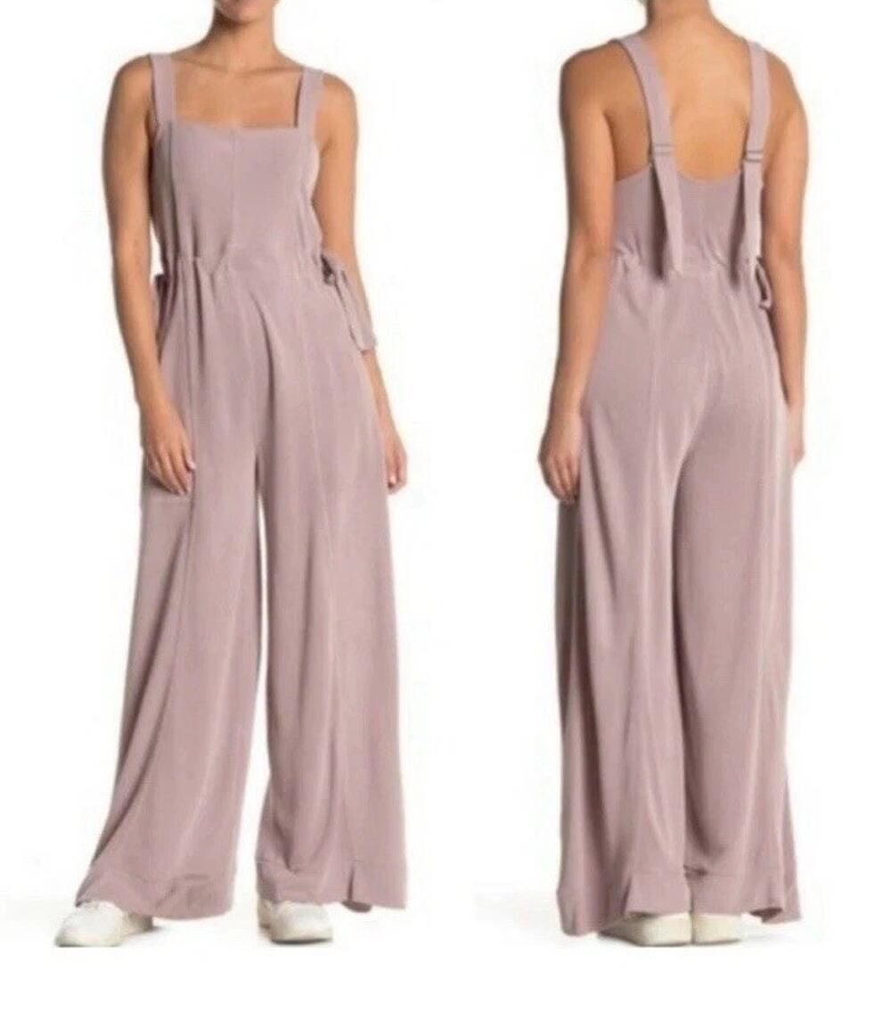 Free People Movement It’s a Cinch Wide Leg Romper Jumpsuit Overalls Taupe Sz S